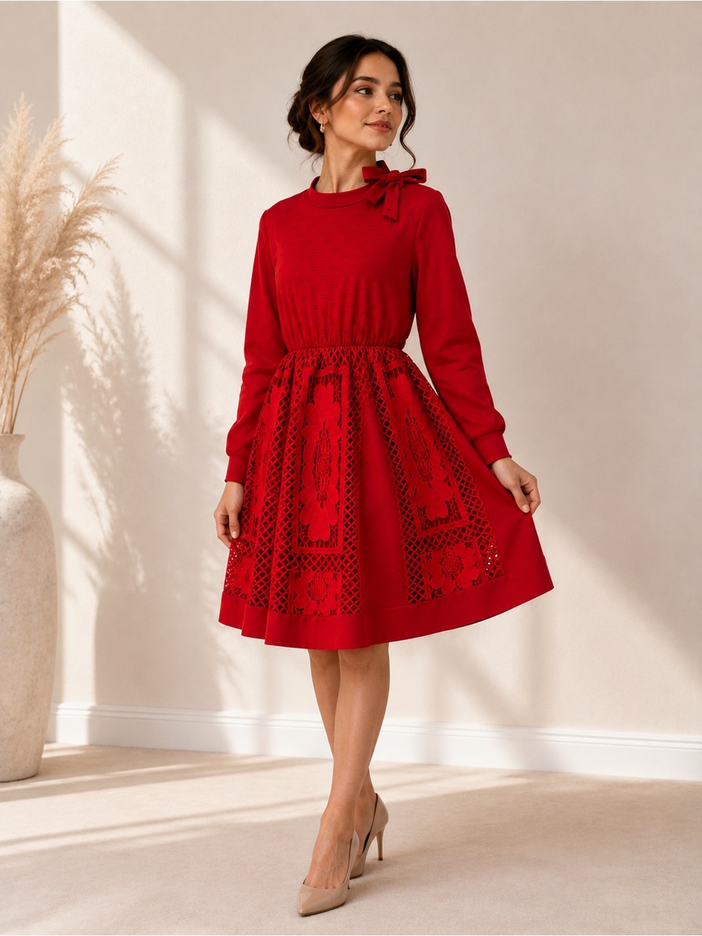 Red Long-Sleeve Fit & Flare Dress with Shoulder Bow